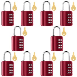 Kenning 10 Pcs Combination Padlock 4 Digit Combination Lock with Keys Locker Resetable Security Outdoor Waterproof Gate Lock for School Sports Gym Locker Employee Fence Case (Red)