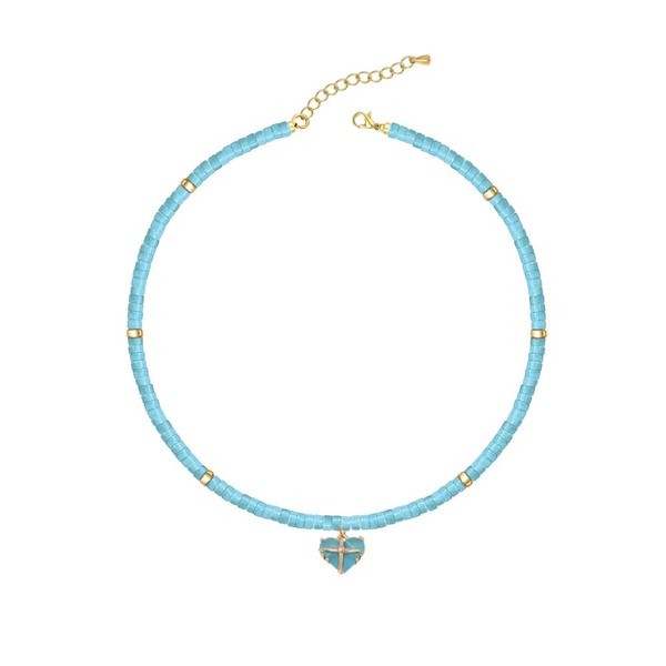 LafleLam Beaded Pendant Necklace, Turquoise Blue with Gold Accents, Adjustable