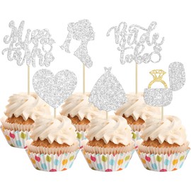 24 piezas de decoración para magdalenas de novia a ser con purpurina, anillo de diamantes para novia, vestido de boda, magdalenas, decoraciones de tartas de corazón para despedida de soltera, boda, compromiso, suministros de despedida de soltera, color p