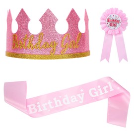 Risipu 3pcs Birthday Sash Adjustable Crown Hat with Badge for Boys Girls, Happy Birthday Decorations Photo Props for Kids Birthday Party (Pink)