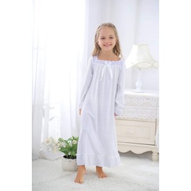CHUNG Toddler Little Big Girls Long Sleeve Modal Nightgowns Soft Princess Round Square Neck Long Sleep Dress Vintage (8-9Y, White-140)