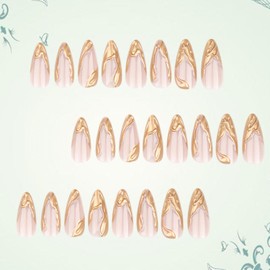 24Pcs French Tip Press on Nails: Medium Length Almond Gold False Nails, 3D Coffin Shape, Full Cover Reusable Glue on Nails For Women