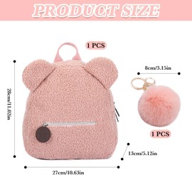 1 Plush Backpack and 1 Fur Ball Keyring, Cute Bear Backpack, Girls' Bag, Backpack with Large Capacity, Suitable for School, Travel and Outdoor Use, pink, Modern