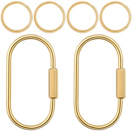 BEIQIYA 4pcs Gold Key Chain Carabiner, Brass Screw Lock Keychain with 5pcs Flat Rings, Portable Jump Rings Clip for Keys Car Bags Decorations Keychain Making