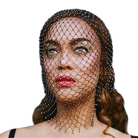 TINAYAUE Bling Fishnet Headdress Crystal Veil Cap for Women Girl Elastic Headband Headgear Hollow Mesh Headpiece with Rhinestone Head Cover Shiny Flapper Head Wrap Headscarf Hair Accessories