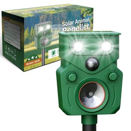 Ultrasonic Animal Repeller Solar Powered, Cat Repellent Outdoor with Motion Detection, Waterproof Deer Deterrent with LED Flash Light, Effective Repels Invasive Animals for Raccoon, Skunk, Dog, Fox