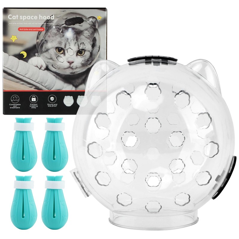 Saycker Cat Muzzle for Grooming, Transparent Cat Helmet with 4