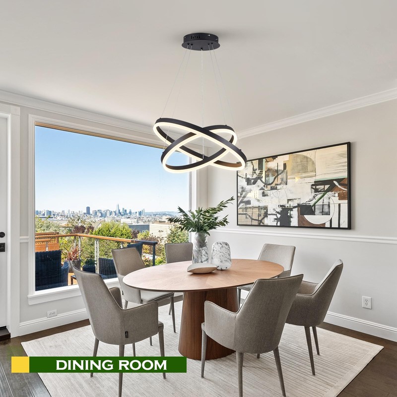 Benkut 2-Rings Modern LED Chandelier Black for Dining Room, Circular