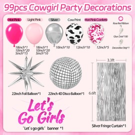 Disco Cowgirl Party Decorations with Hot Pink Light Pink Silver Cow Print Balloons Banner Fringe Curtain for Cowgirl Baby Shower Birthday Bachelorette Party Decorations