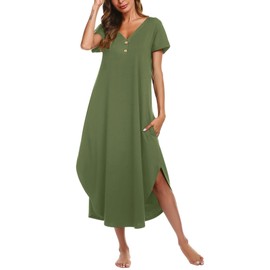 Ekouaer Long Nightgowns for Women Button Night Gowns Short Sleeve Sleepwear Full Length Sleep Shirts With Pockets Army Green XL