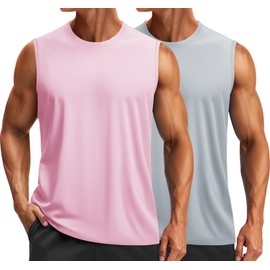 TACVASEN Mens Sleeveless Shirts 2-Pack Dry Fit Gym Tops Soft Breathable Lightweight Tank Workout Running Mucle Shirts for Men Pink Light Grey XL
