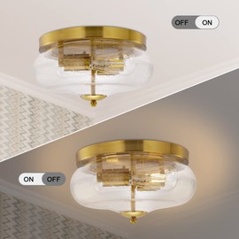 Darkaway Ceiling Light Fixtures Flush Mount Ceiling Light, Indoor Outdoor Ceiling Light with Seeded Glass Shade for Hallway, Kitchen, Bedroom, Porch, Gold