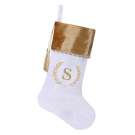 Yehnois 19.5 Inches Initial Monogram Christmas Stocking,Gold & White Velvet Embroidered Gold Letter Stocking with Tassel Decoration,Xmas Fireplace Holiday Party Decor(White Letter S)