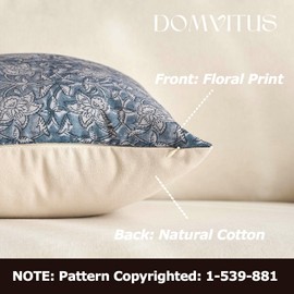 DOMVITUS Floral Pillow Covers 18x18 Throw Pillow Covers Block Print Vintage Decorative Neutral Pillow Cover for Couch Bed Living Room Dusty Blue 1PC