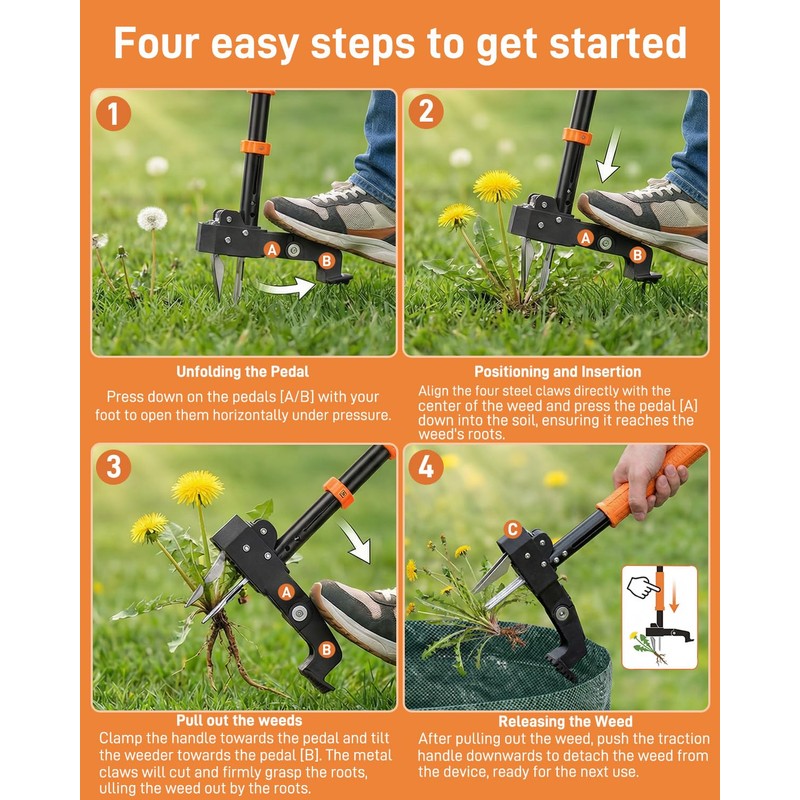 Stand Up Weed Puller Tool with Adjustable Long Handle and