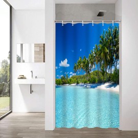YISURE Shower Curtain Sea Beach 120 x 200 cm, Ocean Palm Trees Shower Curtain Bathtub Textile Mould Resistant Machine Washable with 8 Metal Eyelets Width 120 x Height 200 cm