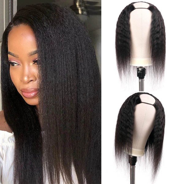 Huarisi U Part Kinky Straight Wig Human Hair 16 Inch Brazilian Yaki Wigs with Clips in Extension Glueless Virgin Hair Wigs None Lace Natural Colour Can Be Dyed