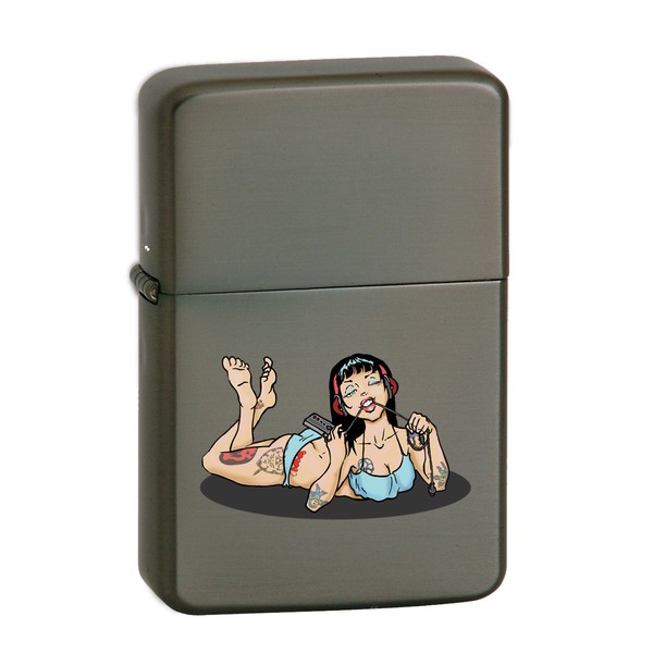 Cute Sexy Gamer Lady in PJs with Controller Pin-Up Vector KGM Thunderbird Vintage Lighter - Gunmetal Satin Finish