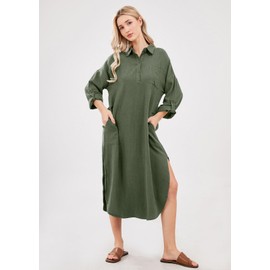 chouyatou Women's Spring Summer Cotton Linen Shirt Dress Button Down Casual Loose Maxi Shift Dress (Medium, Army Green)