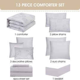 Stratford Park 13 Piece Grey Comforter Set, Cozy & Warm, Queen Size, Girls Bedding, All Season Bedding Set, Unique Pattern, Matching Decorative Pillows, Pillow Sham