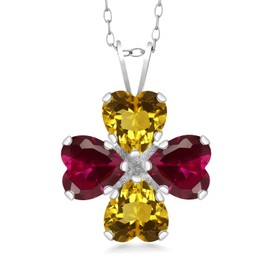 Gem Stone King 925 Sterling Silver Yellow Citrine and Red Created Ruby 4 Heart Shape Gemstone November Birthstone Pendant Necklace For Women (3.36 Cttw, 6MM Heart, with 18 Inch Silver Chain)