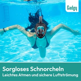 Gadgy® Full Face Snorkel Mask with Camera Mount, 180 Degree Panoramic View, Leak-proof Diving Mask for Adults, Anti-Fog Mask with Snorkel Black, S/M