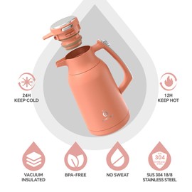 IDEUS 68 oz Stainless Steel Thermal Coffee Carafe, Double Wall Insulated Vacuum Flask, Water Coffee and Beverage Dispenser, 12 Hour Heat 24 Hour Cold Retention, Coral Red