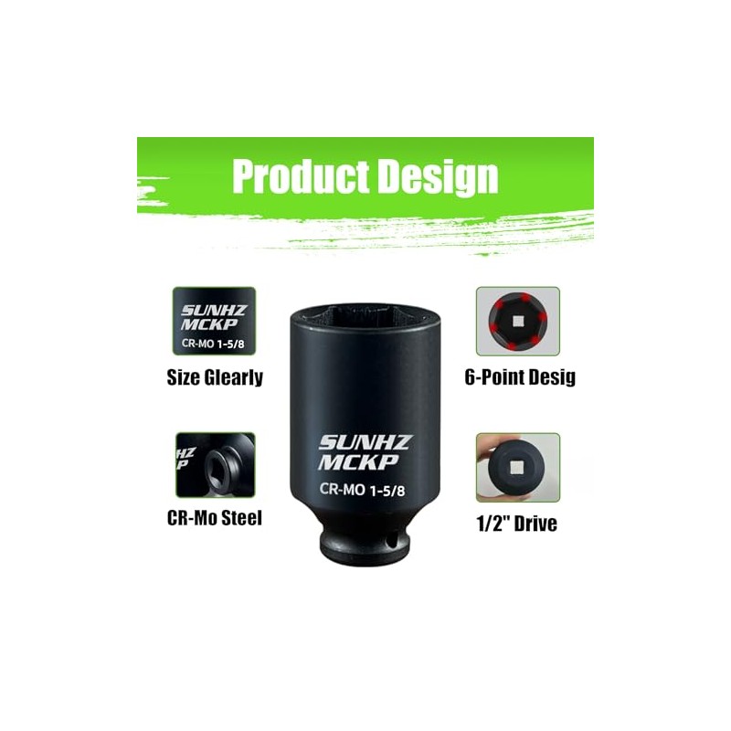 SUNHZMCKP 1/2" Drive Deep 6-Point Impact Socket Set, 8-Piece Standard