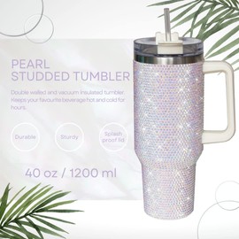 Cuteolivia - Vaso de 40 onzas con asa con tachuelas con tapa y pajita aislada de acero inoxidable de doble pared, taza de agua de viaje para mujeres (40 onzas, 1200 ml, blanco)