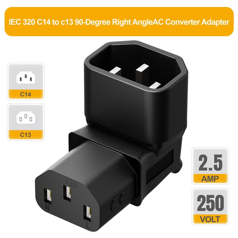 [2PACK] IEC 320 C14 to C13 Right Angle AC Adapter,