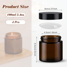 BOSMIOW 4Pcs 100g/3.4oz Amber Round Glass Jars Brown Facial Cream Packaging Pot Leak Proof Cosmetic Bottles with Plastic Inner Liners and Lids for Balm,Lotion,Aloe Gel,Body Scrub