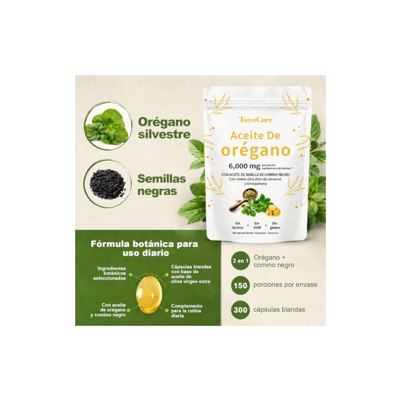 ToyoCare - Aceite de Orégano con Comino Negro, 300 Cápsulas