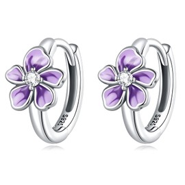 Dainty Purple Flower Small Hoop Earrings 925 Sterling Silver Cubic Zirconia Crystal Little Flowers Cartilage Huggie Hoops Hinged Cuff Earring Fashion jewelry Gifts for Women