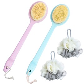Cepillo corporal,cepillo corporal para baño,cepillo para la espalda ducha, 2 cepillos. El diseño con mango largo doblado ayuda a limpiar la espalda. Con 2 bolas de baño