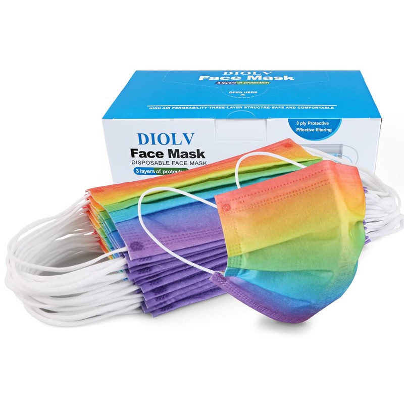DIOLV 50Pcs Rainbow Printed Disposable Face Masks for Adults 3-ply