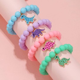 4pcs Colorful Enamel Dinosaur Charm Acrylic Beaded Strand Bracelet Set Round Beads for Women Girls Cute Friendship Best Friend Preppy Y2k Party Jewelry