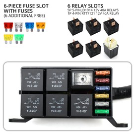 TOMSHIELE 12V Relay Fuse Box Block, Pre Wired Relay Box, with 6 (5 * 5Pin, 1 * 4Pin) Relay Slots and 12 Way ATC/ATO Blade Fuse Holder (6 Fuses + 6 Free Fuses), for Cars Truck Marine Boat Jeep