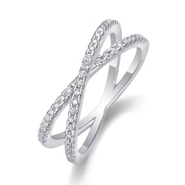 Moissanite Cottage 41 Stones Moissanite Criss Cross Rings for Women, 0.246 Carat Round Cut Diamond 18K White Gold Plated 925 Sterling Silver Half Eternity Wedding Bands Stackable X Ring, Size 6