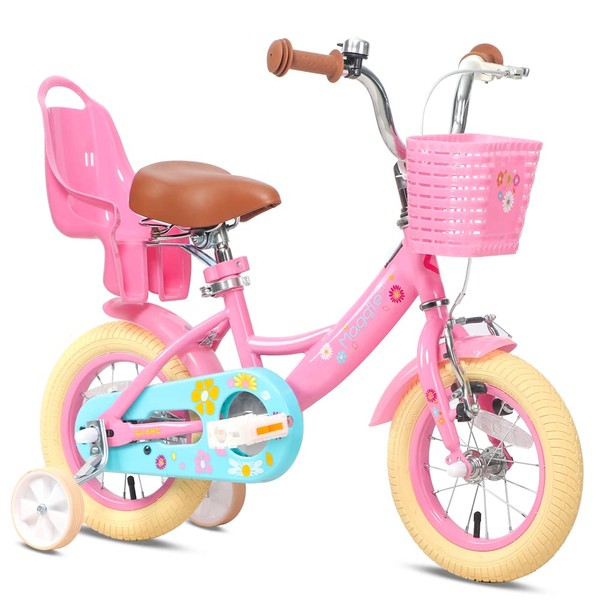Glerc Maggie 12 Inch Girls Bike Ages 1 2 3 4 Years Old Kids Bicycle Princess Style with Doll-Seat & Basket & Training Wheels & Bell for Birthday, Pink