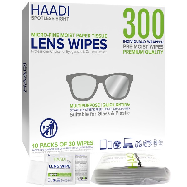 Toallitas limpiadoras de gafas 300 toallitas para lentes envueltas individualmente, multiusos, adecuadas para lentes de gafas, cámaras, binoculares, pantallas, dispositivos ópticos y electrónicos