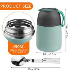 Noxtioanip Thermal Food Container, 450 ml, Stainless Steel Warming Container, Food Container, Thermal Lunch Box, Soup Container, Leak-Proof with Folding Spoon, for Meals, Soup, Lunch