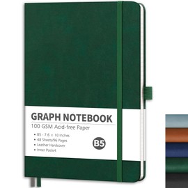 RETTACY Graph Paper Notebook - Graph Grid Paper Notebook with 96 Pages, Notebooks for Work, School, 100 GSM Paper, Leather Hardcover, Inner Pocket, 7.6'' × 10'' (Dark Green)