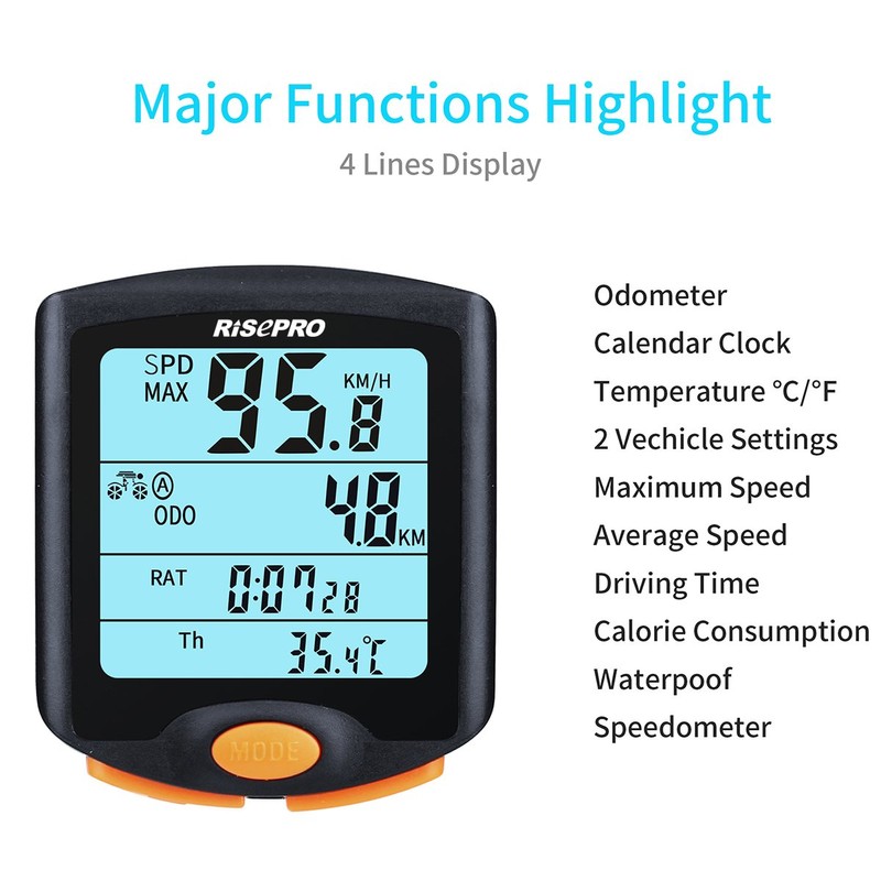 Wireless Bike Computer, RISEPRO® Waterproof Bike Cycle Computer 4 Line