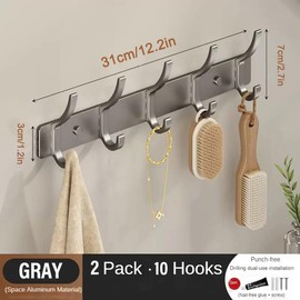 PELLUM 2-Pack Coat Rack Wall Mounted - 5 Double Hooks, Heavy Duty Aluminum, Hat and Coat Wall Mount Rack, Metal Coat Hook Rail for Coat Hat Towel Purse Keys Robes Mudroom Bathroom (2 Packs, Gray)