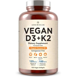 Amandean Vegan Vitamin D3 K2, 5000 IU Algae + MK-7, 120 Softgels, Plant Based