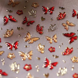 5D Embossed Butterfly Nail Art Stickers - Red & Gold Butterfly Nail Decals for DIY Manicure