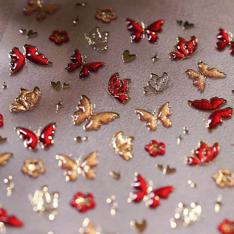5D Embossed Butterfly Nail Art Stickers - Red & Gold
