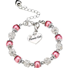 OFGOT7 Flower Girl Bracelet Wedding Party Charm Heart Pendant Rhinestone Crystal Balls Faux Pearls Gift Jewelry