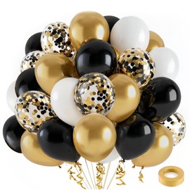 Black Gold White Balloons Set, Include 50pcs12inch Matte White Black Metallic Gold Confetti Latex Balloons with Gold Ribbons for Birthday Graduation New Years Retirement Party Decorations