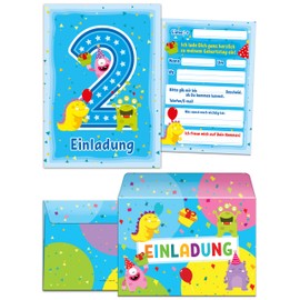 12 Invitation Cards with 12 Envelopes for 2nd Children's Birthday Party for Girls Boys Funny Monster Blue Invitation Second Birthday / Colourful Birthday Invitations (12 Cards + 12 Envelopes)